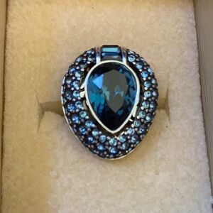 Brighton Bejeweled Blue Topaz Crystal and Silver Raindrop ring size 7